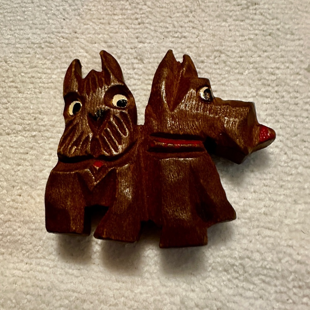 Scottie Dogs Carved Wooden Pin / Brooch Rare and Vintage